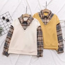 Juwas Vintage Plaid Fake Two-piece Sweatshirt CLOTHING