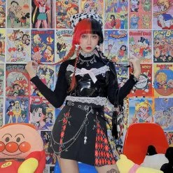 Juwas NEW ARRIVAL Gothic Red Diamond Checkered Chain Mini Skirt