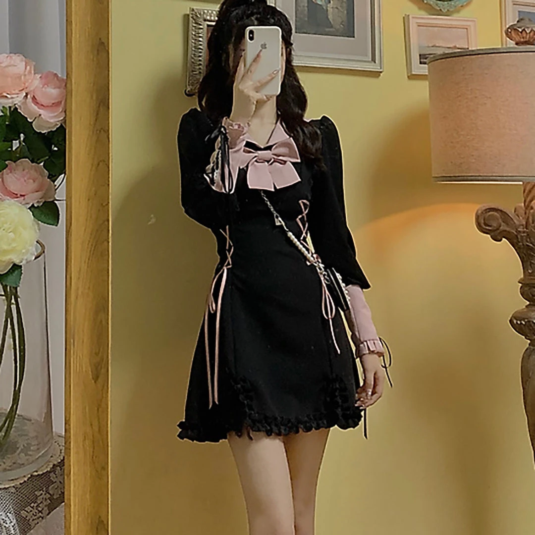 Juwas NEW ARRIVAL Black Bowknot Lace Up Dress 4 Juwas NEW ARRIVAL Black Bowknot Lace Up Dress
