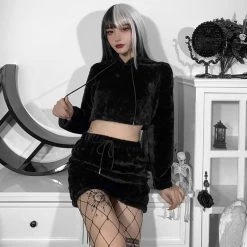 Juwas Gothic Faux Fur Hoodie Crop Top And Mini Skirt Set CLOTHING