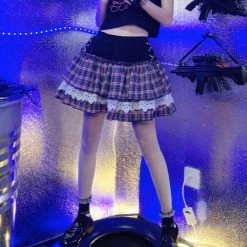 Juwas Pink Gothic Princess Plaid Ruffle Mini Skirt