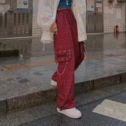 Juwas Gothic Chain Pocket Plaid Loose Cargo Pants NEW ARRIVAL