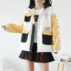 Juwas Cartoon Shiba Inu Print Color Block Pocket Hoodie CLOTHING