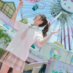 Juwas School Uniform Polo Shirt With Pink Plaid Neck Tie