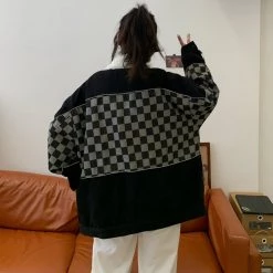 Juwas Gothic Black Checkered Button Up Loose Coat NEW ARRIVAL