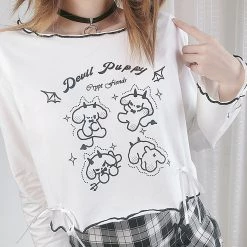 Juwas Devil Puppy Print Bowknot T-shirt