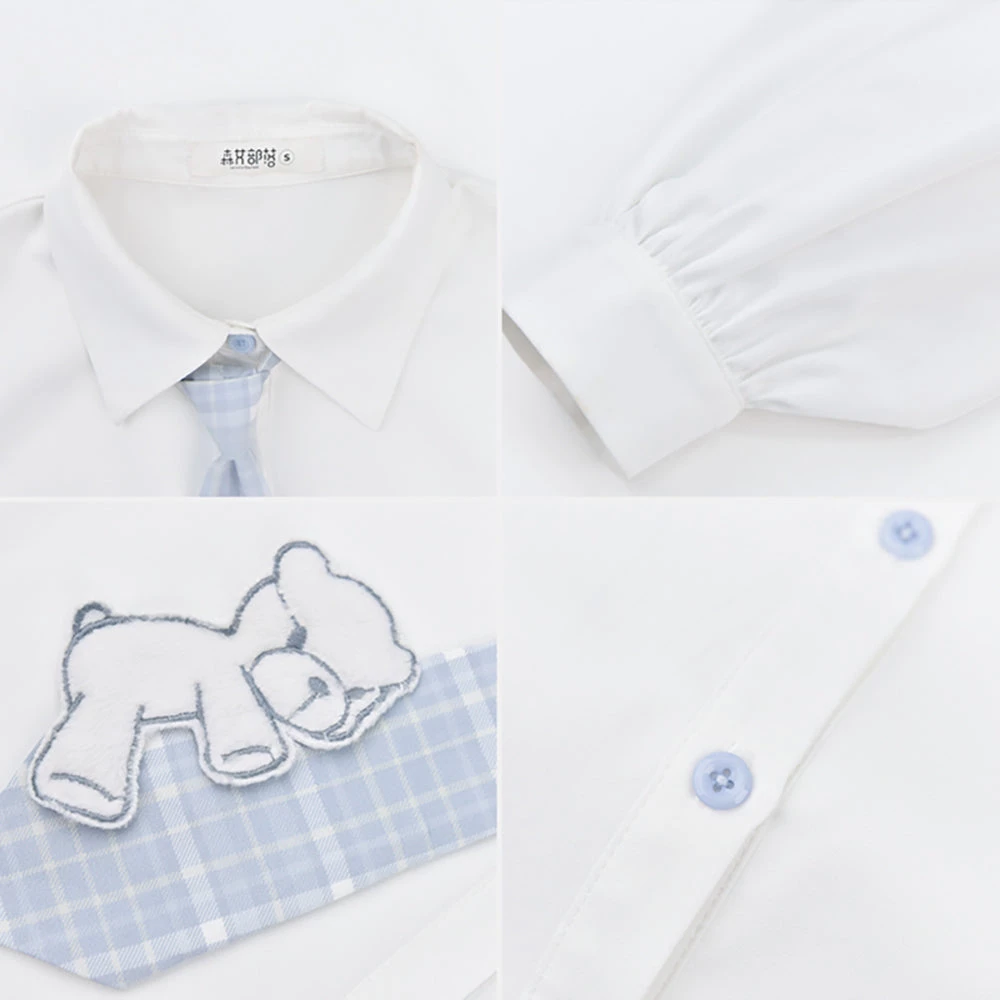 Juwas Kawaii Bear White Long Sleeve Polo Shirt Dress 8 Juwas Kawaii Bear White Long Sleeve Polo Shirt Dress