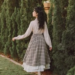 Juwas CLOTHING Vintage Plaid Tie-Up Belt Midi Long Skirt