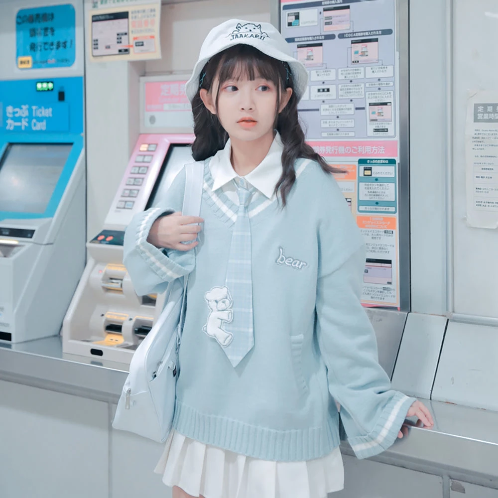 Juwas Kawaii Bear White Long Sleeve Polo Shirt Dress 7 Juwas Kawaii Bear White Long Sleeve Polo Shirt Dress