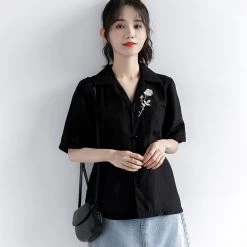 Juwas Vintage Floral Embroidery Pocket Short Sleeve Shirt