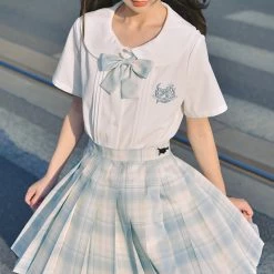 Juwas School Girl JK Uniform Sky Blue Plaid Bow Ties