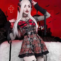 Juwas Gothic Skull Plaid Crop Top And Skirt Set NEW ARRIVAL
