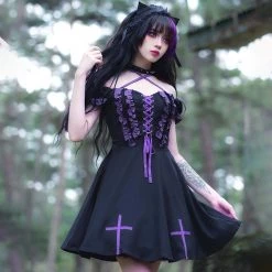 Juwas Gothic Cross Bandage Black Dress CLOTHING