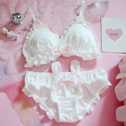 -Juwas Cute Bow Knot Bunny Ruffle Padded Bra Panty Set