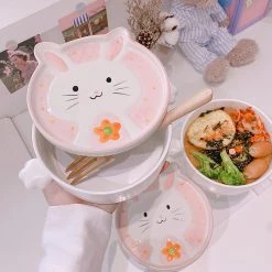 Cheap Juwas Store 12 Juwas Kawaii Pink Rabbit Bowl With Cover Plate