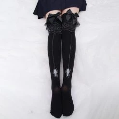 Juwas Dark Black Goth Spider Web Knee Socks CLOTHING