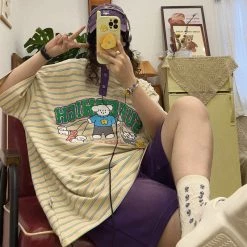 Juwas Vintage Cartoon Embroidery Stripe Loose T-shirt