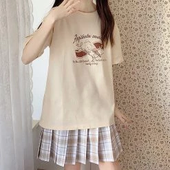Juwas NEW ARRIVAL Vintage Girl Print Loose Round Collar T-shirt