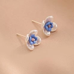 Juwas NEW ARRIVAL Blue Flower 925 Sterling Silver Stud Earrings