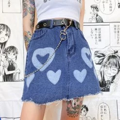 Juwas Heart Prints Tattered High Waist Denim Skirt NEW ARRIVAL