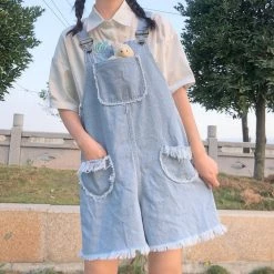 Juwas CLOTHING Basic Tattered Denim Pocket Overall Shorts