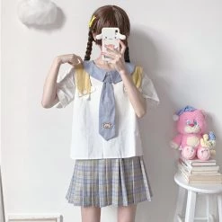 Juwas NEW ARRIVAL Cartoon Paw Embroidery Sailor Collar Summer T-shirt