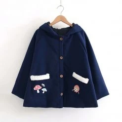Juwas Hoodie Cat Ears Mushroom Print Pocket Cap Coat