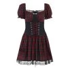Juwas CLOTHING Gothic Red Plaid Lace Up Trim Mini Dress