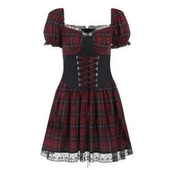 Juwas CLOTHING Gothic Red Plaid Lace Up Trim Mini Dress