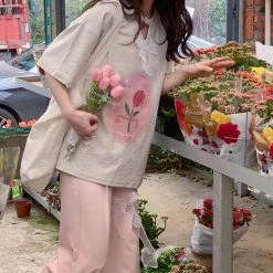 Juwas NEW ARRIVAL Vintage Flowers Print Loose Cotton T-shirt