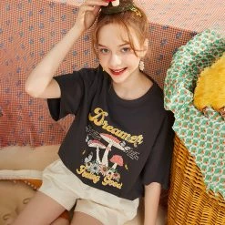 Juwas Vintage Mushroom Florals Print T-shirt