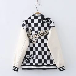 Juwas CLOTHING Checkered Print Pocket Baseball Jacket 12 Juwas CLOTHING Checkered Print Pocket Baseball Jacket