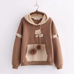 Juwas CLOTHING Bear Embroidery Drawstring Pocket Hoodie