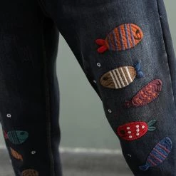 Juwas Pants Retro Fishes Embroidery Elastic Waist Jeans