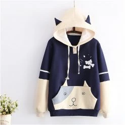 Juwas Cute Puppy Print Pocket Velvet Hoodie