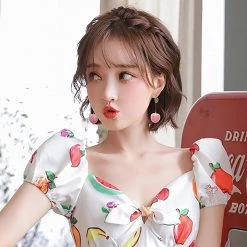 Juwas Sweet Peach Fruit Leaf Dangle Earrings