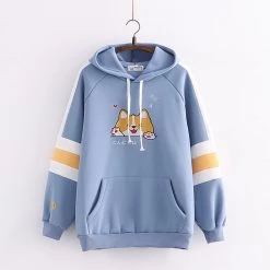 Juwas Japanese Puppy Embroidery Pocket Hoodie CLOTHING