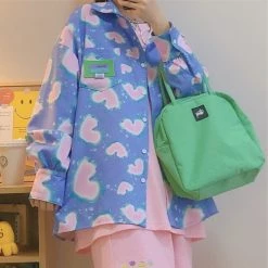 Juwas Chic Pastel Blue Printed Button Up Loose Shirt