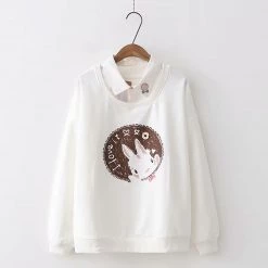 Juwas Rabbit Japanese Letter Print Fake Two-Piece Hoodie CLOTHING
