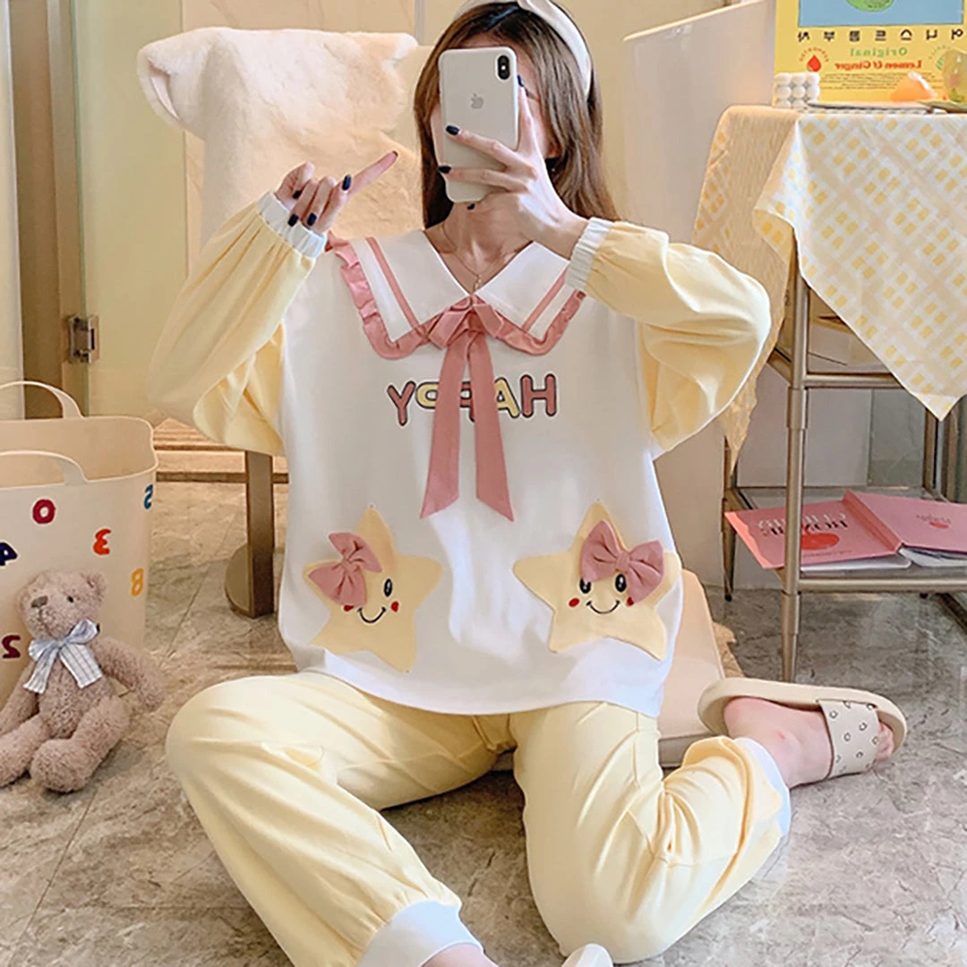 Juwas Cute Cartoon Stars Embroidery Pajamas Set 4 Juwas Cute Cartoon Stars Embroidery Pajamas Set