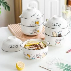 Juwas Cute Cartoon Kitties Print Ceramic Noodle Bowl Set