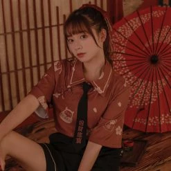 Juwas Kawaii Japanese Lucky Cat Printed Top Short NEW ARRIVAL