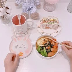 Juwas Kawaii Pink Rabbit Bowl With Cover Plate