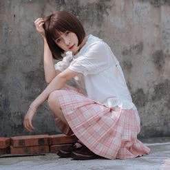 -Juwas Japanese JK Pink Plaid Pleated Skirt NEW ARRIVAL