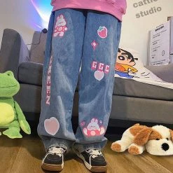 Juwas NEW ARRIVAL Sweet Bunny Hearts Patched Denim Loose Jeans