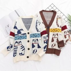 Juwas Cartoon Kitty Loose Cardigan Sweater