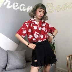 Juwas Vintage Flowers Print Button Up Loose Shirt