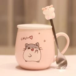 Juwas Pastel Pink Hamster Mug With Lid And Spoon