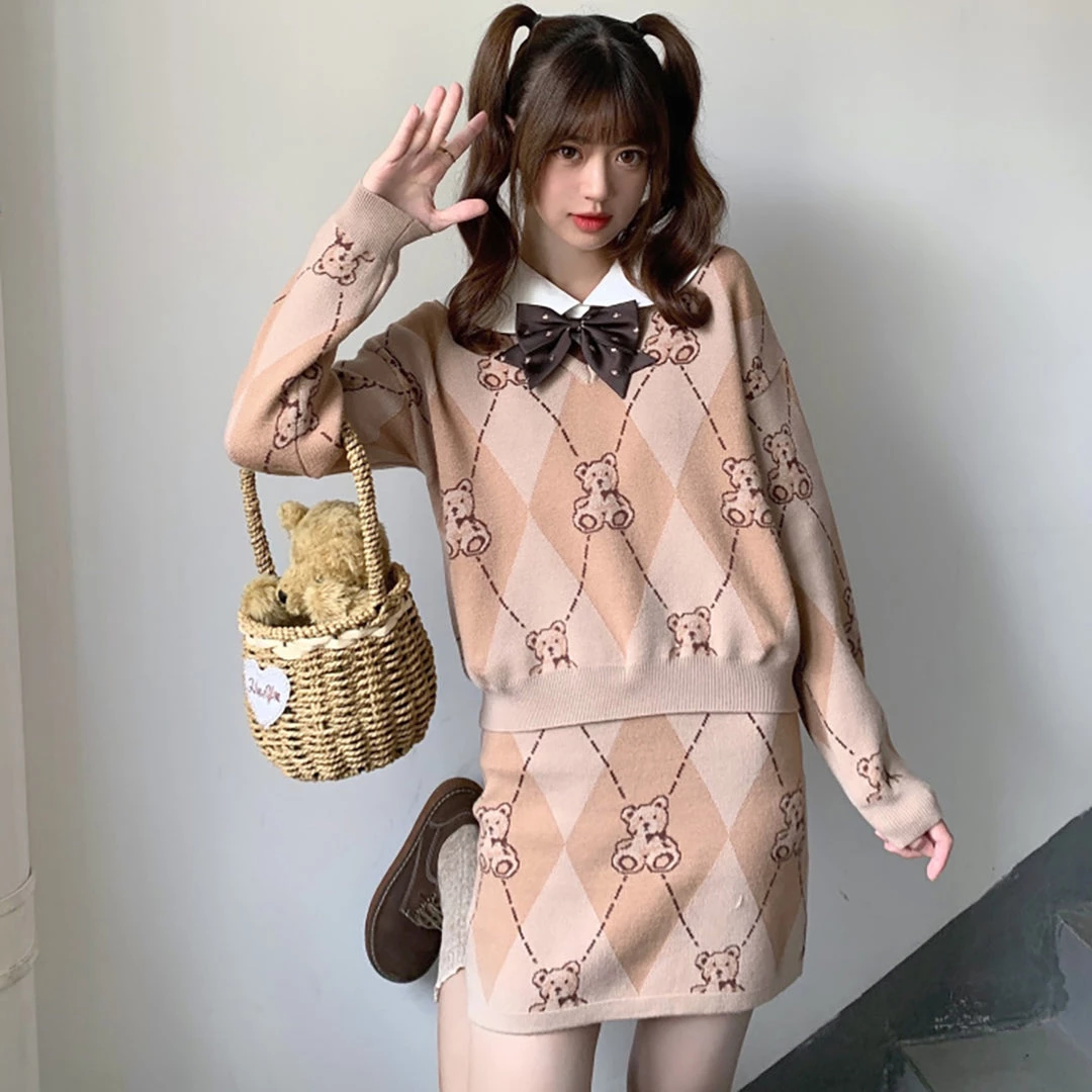 Juwas NEW ARRIVAL Vintage Cute Bear Diamond Pattern Sweater Skirt Set 5 Juwas NEW ARRIVAL Vintage Cute Bear Diamond Pattern Sweater Skirt Set