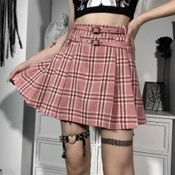 Juwas Chic Pink Plaid Buckle Belt Mini Skirt NEW ARRIVAL